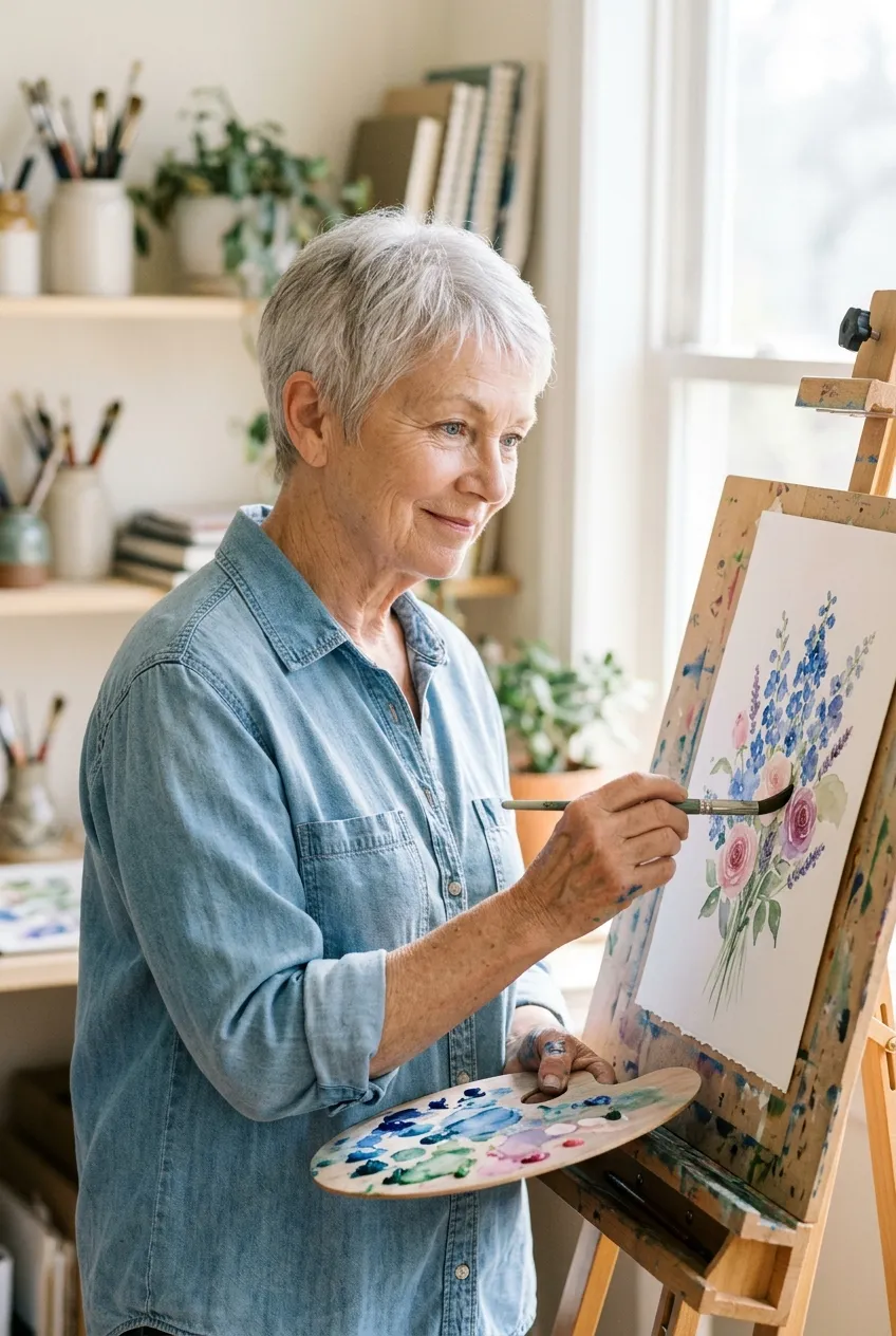 Older woman painting at an easel in a sunny room, slowly rediscovering herself after loss