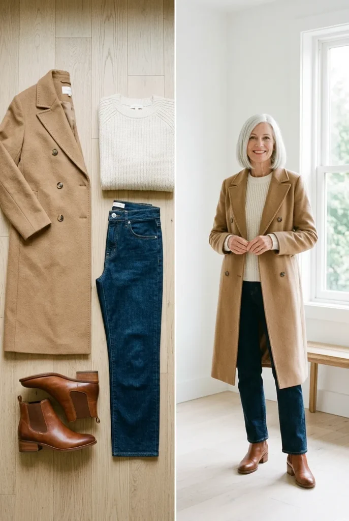 Camel wool coat with a cream sweater and dark jeans, a wool outfit for women over 50