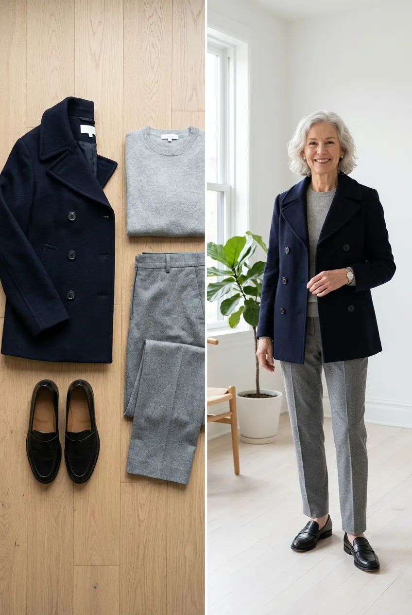 Navy wool coat over a gray sweater and gray trousers, a wool outfit for women over 50