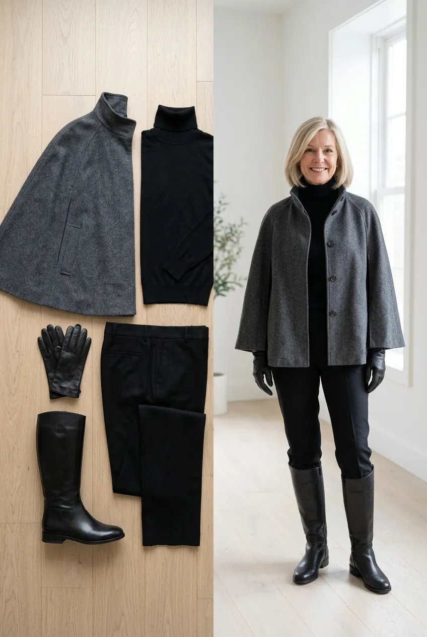Charcoal wool cape over a black turtleneck and trousers, a wool outfit for women over 50