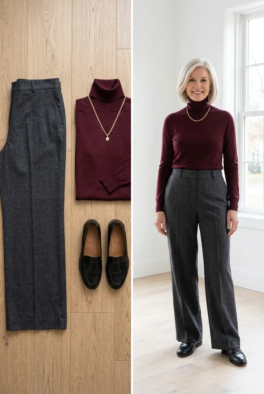 Gray flannel trousers with a burgundy merino turtleneck, a wool outfit for women over 50