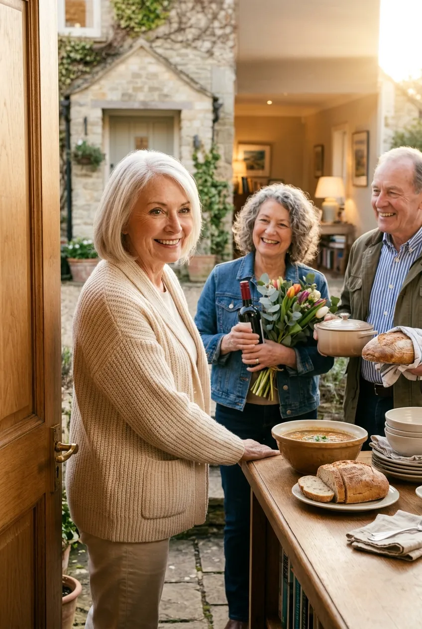 Woman in her 70s welcoming friends into her home for a simple soup supper