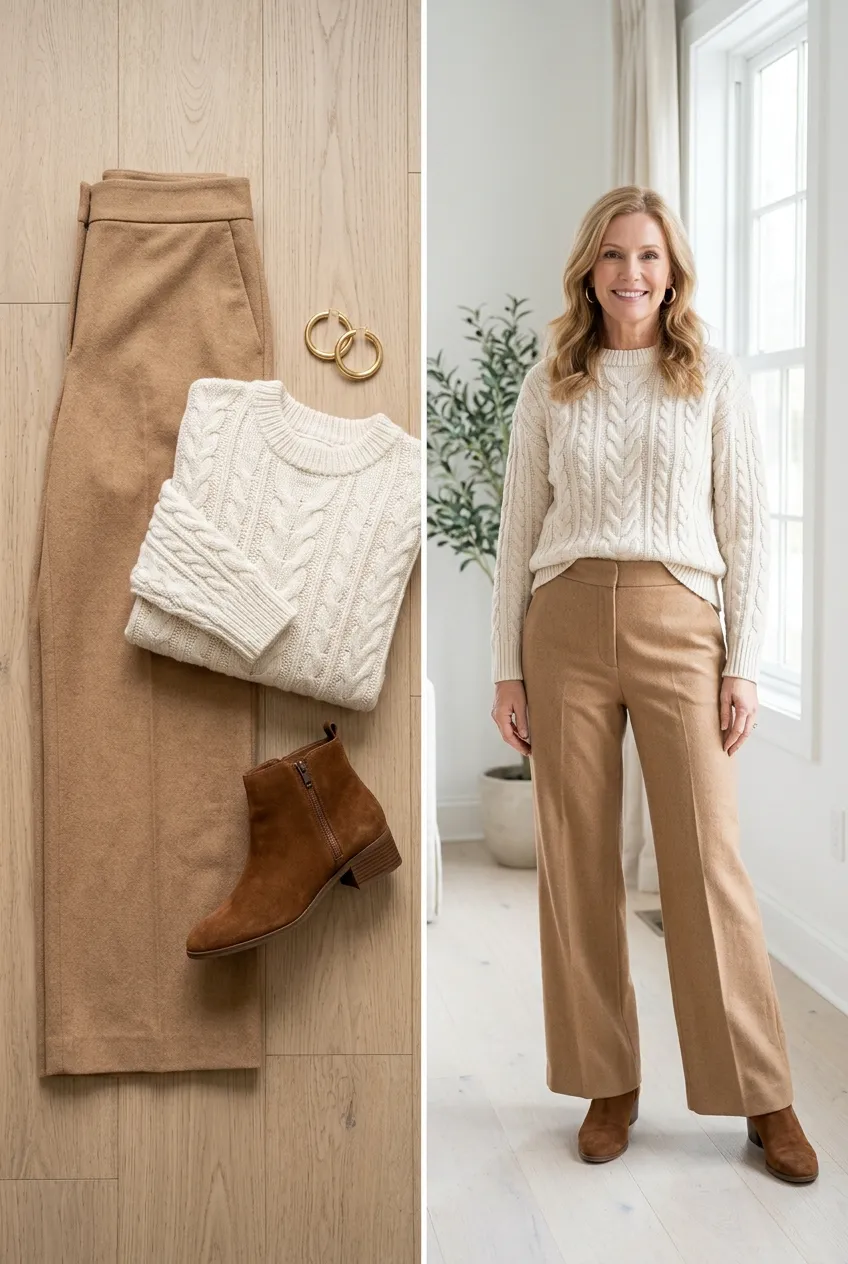 Camel wool wide-leg trousers with a cream cable sweater, a wool outfit for women over 50