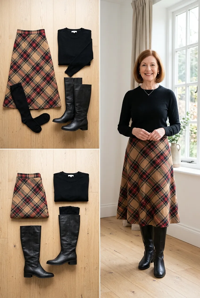 Wool plaid midi skirt with a black sweater and knee boots, a wool outfit for women over 50