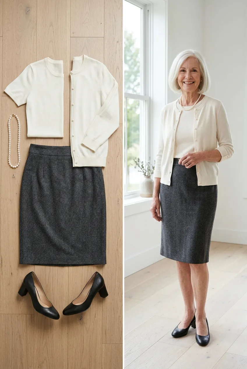 Charcoal wool pencil skirt with an ivory twin set and pearls, a wool outfit for women over 50