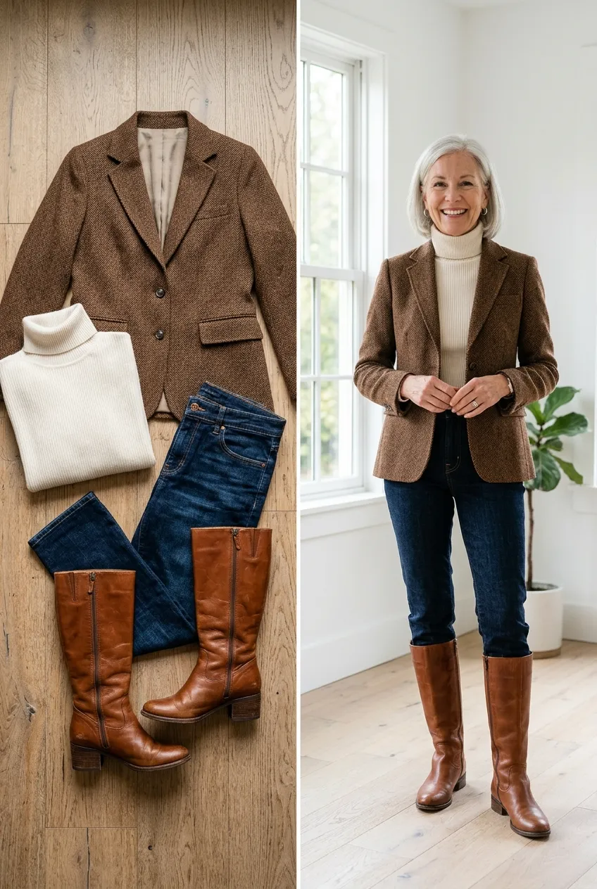 Brown tweed jacket with a cream turtleneck and dark jeans, a wool outfit for women over 50
