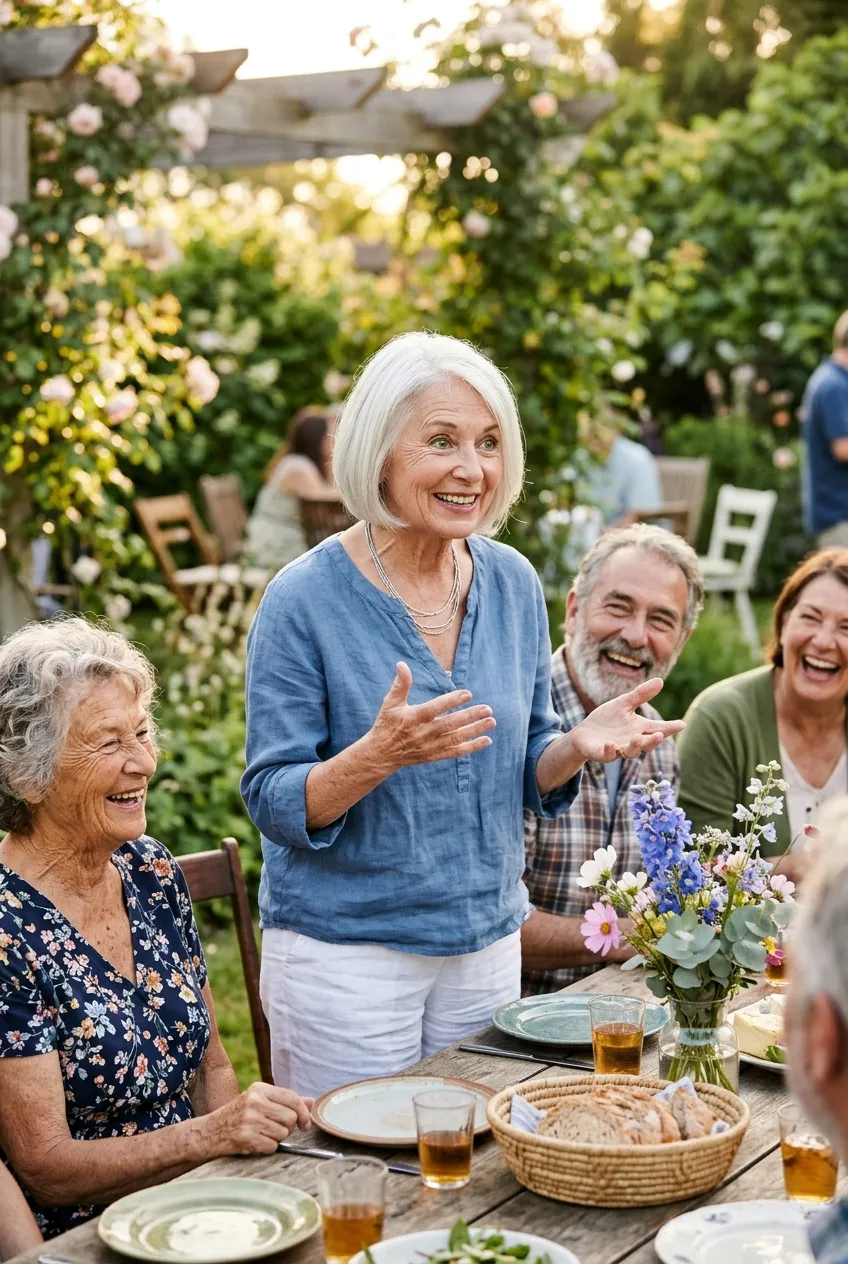 Woman in her 70s sharing a funny story with friends at a garden party