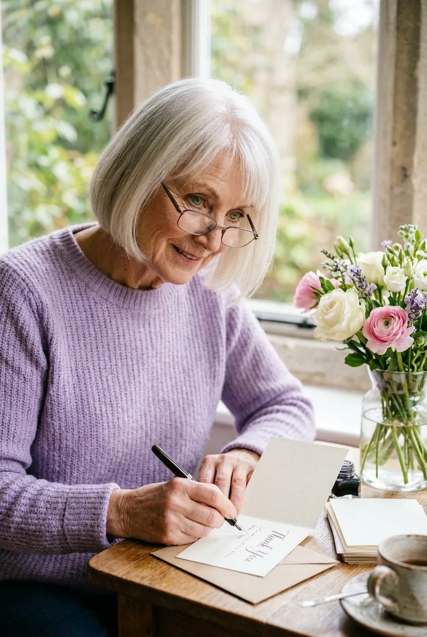 Woman in her 70s writing a thank-you note after a dinner party