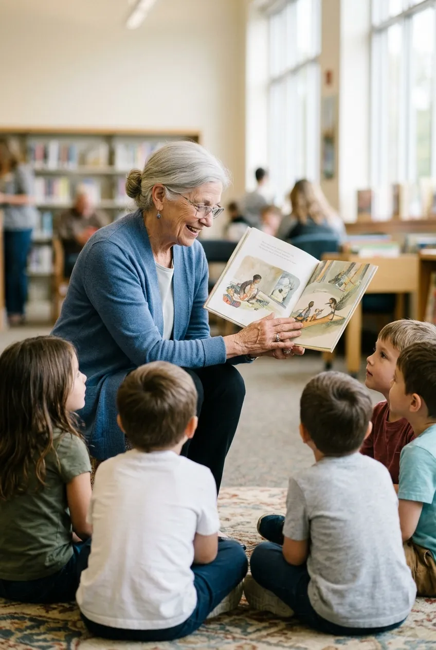Older woman volunteering at a library reading to children