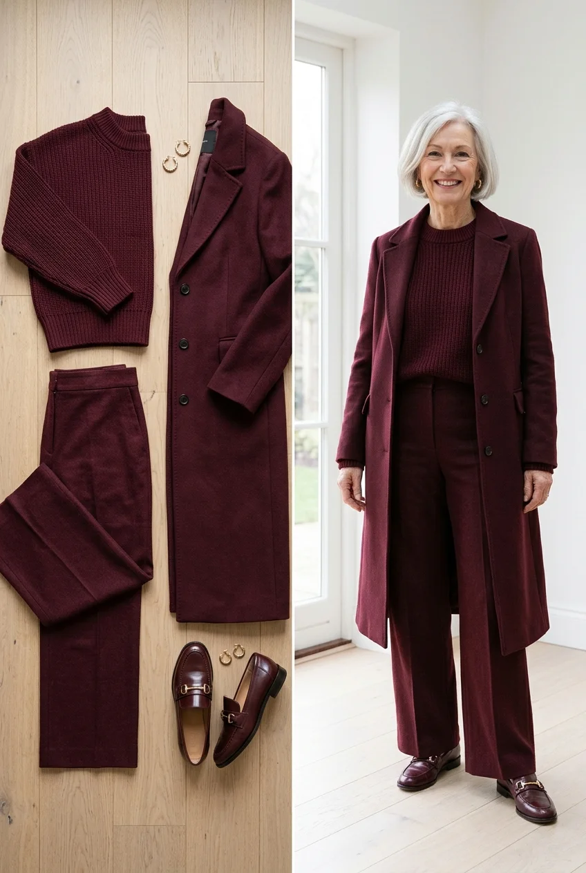 Head-to-toe burgundy outfit with a sweater, trousers and coat, a monochrome look for women over 50