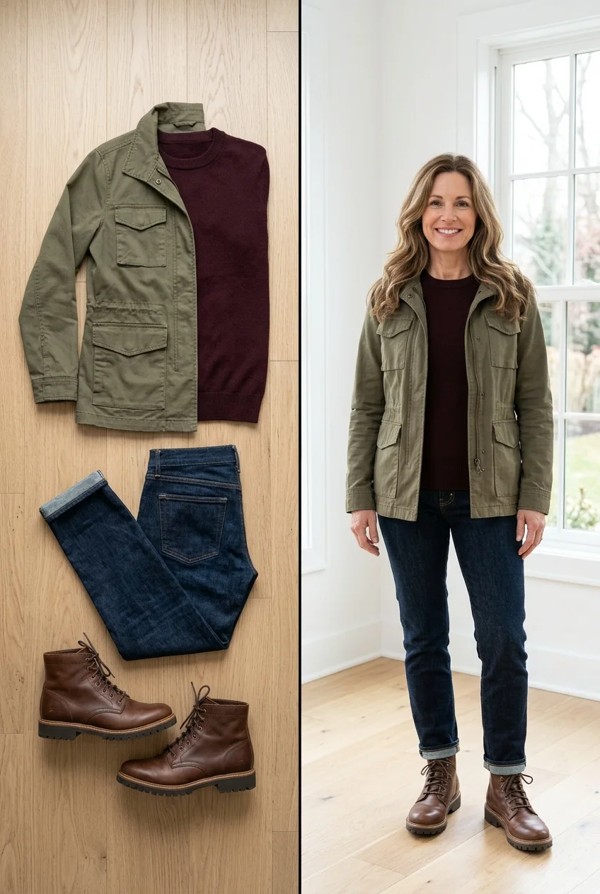 Olive utility jacket over a burgundy sweater and jeans, a burgundy outfit for women over 50