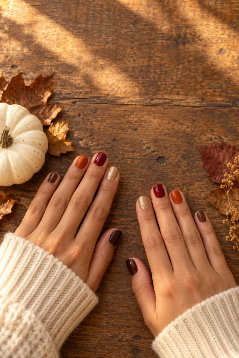 Thanksgiving nails for short nails in burnt orange, cranberry and mocha with a gold accent