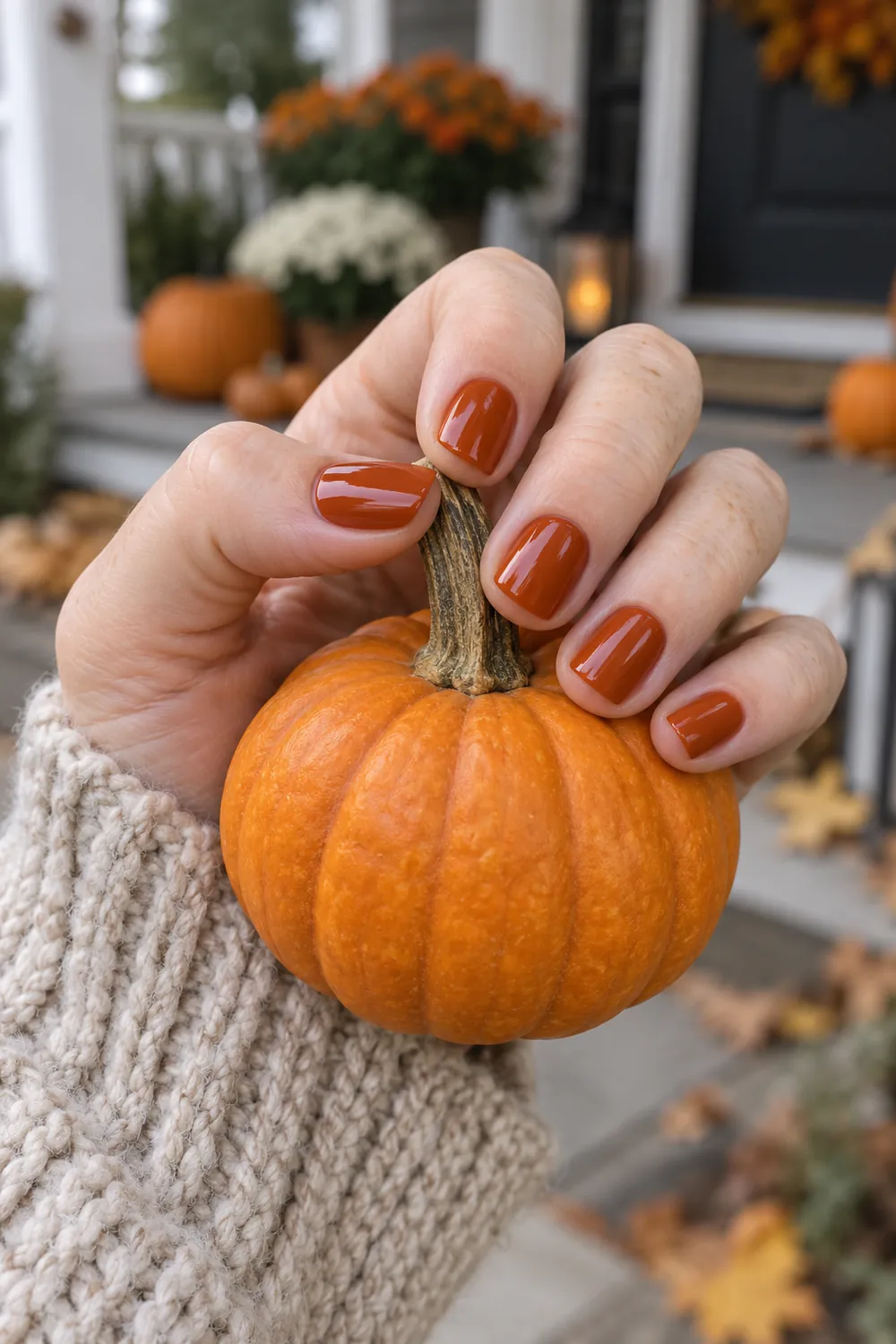 Short square burnt orange Thanksgiving nails holding a small pumpkin