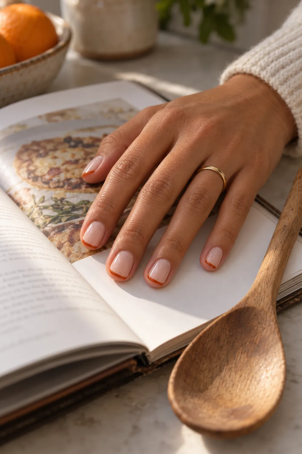 Short nails with a sheer nude base and thin burnt orange French tips