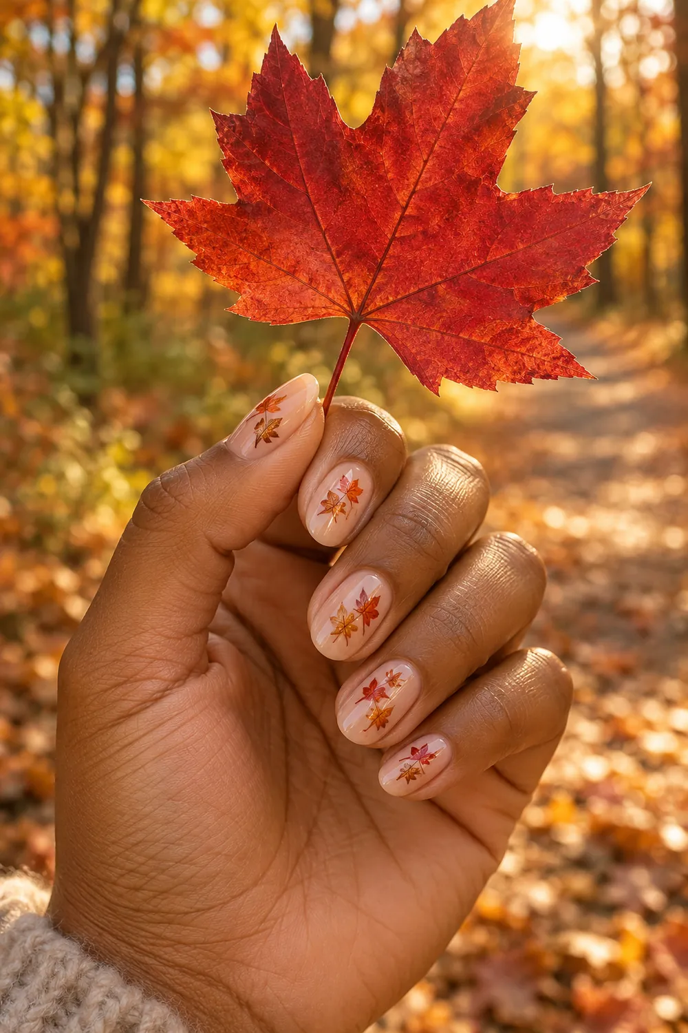 Short almond nude nails with tiny orange and red fall leaves