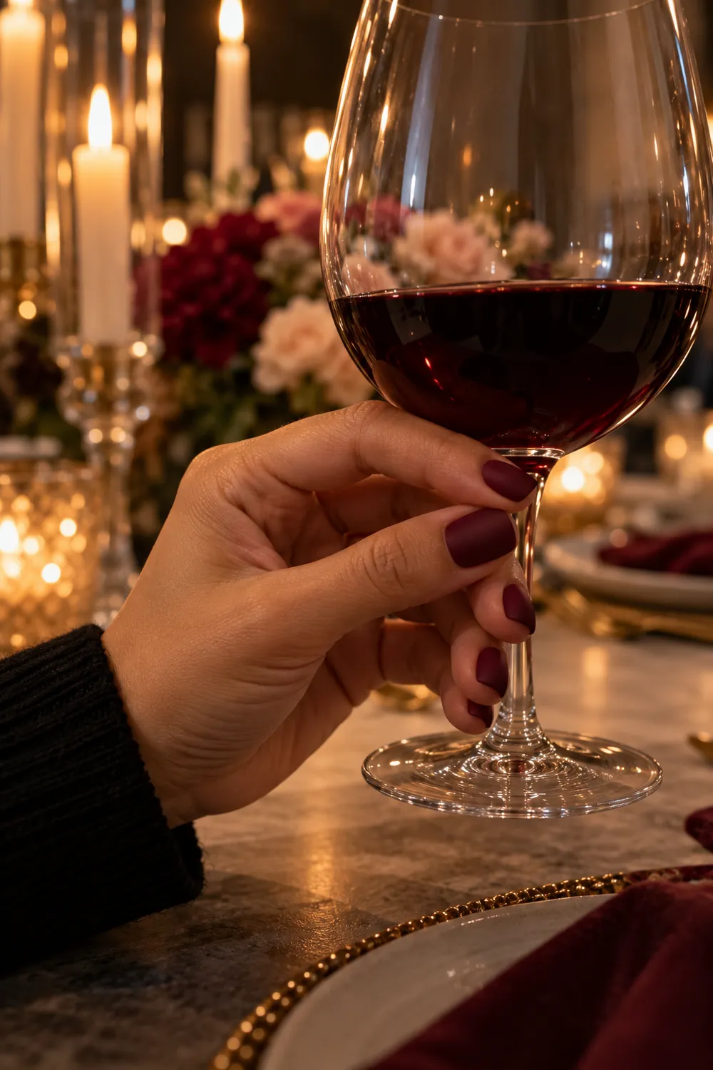 Short square matte burgundy nails holding a glass of red wine