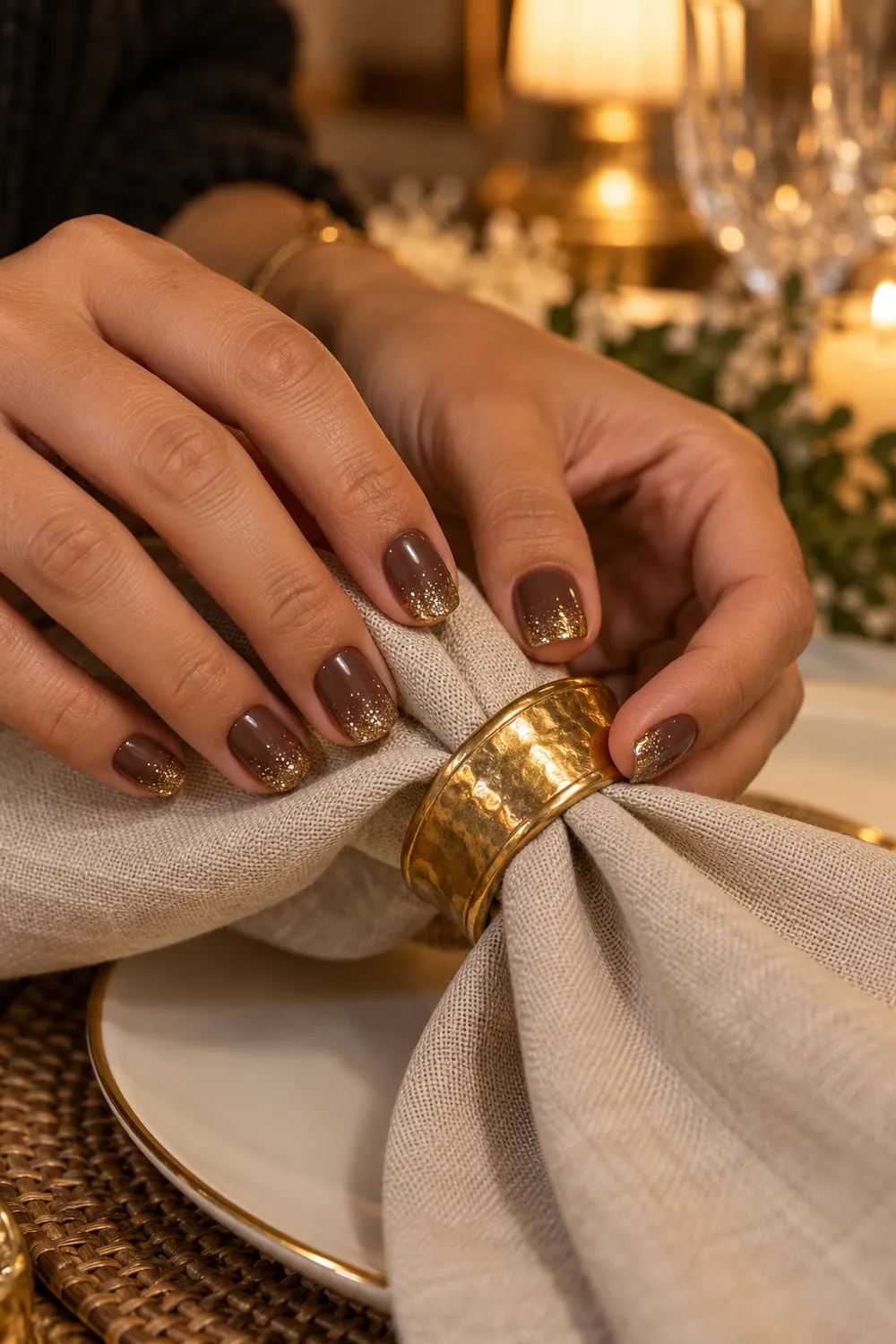 Short mocha nails with gold glitter fading from the tips