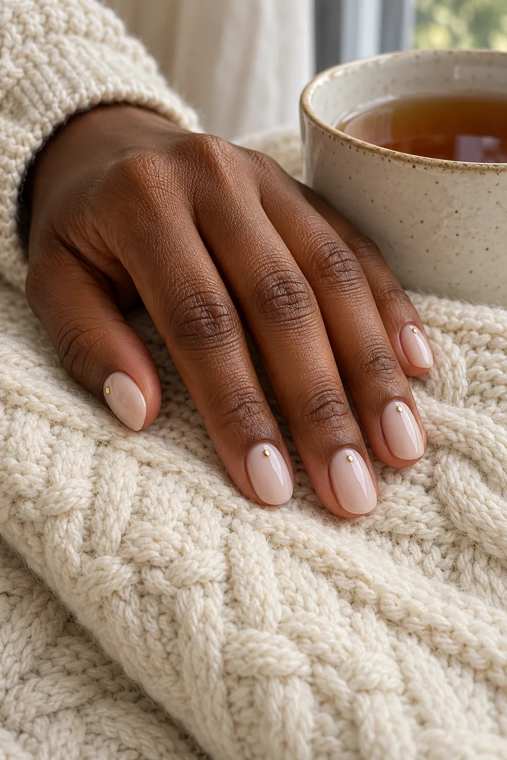 Short almond milky nude nails with a single gold dot near each cuticle