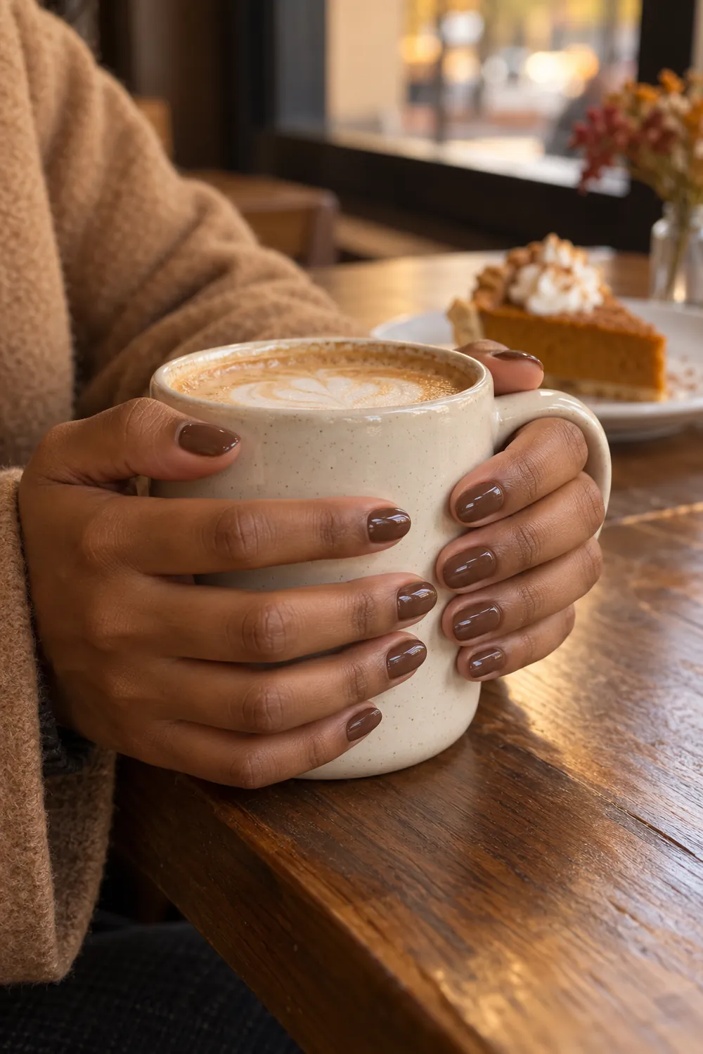 Short almond mocha brown nails wrapped around a latte mug