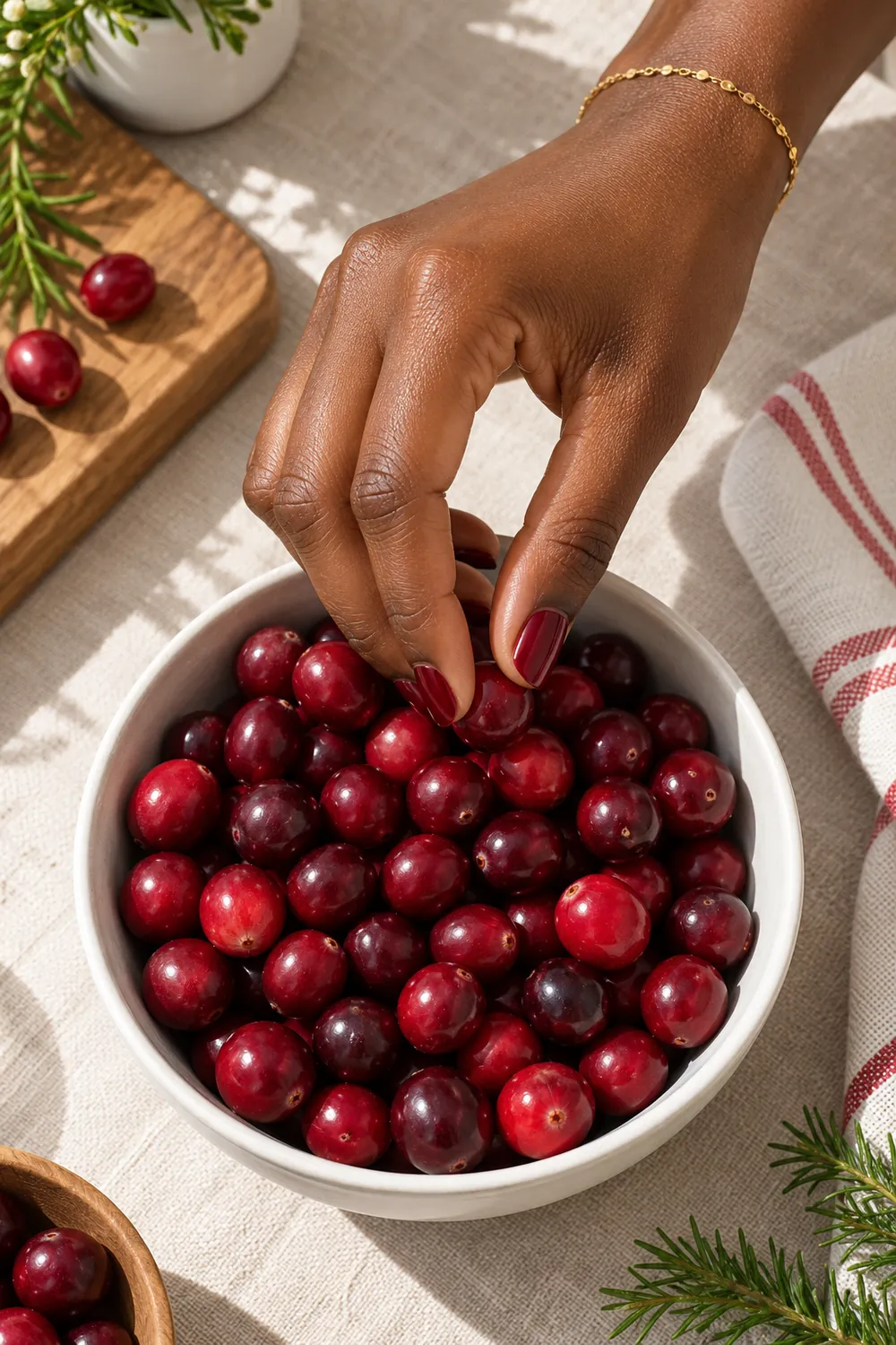 Short square cranberry red nails next to a bowl of fresh cranberries