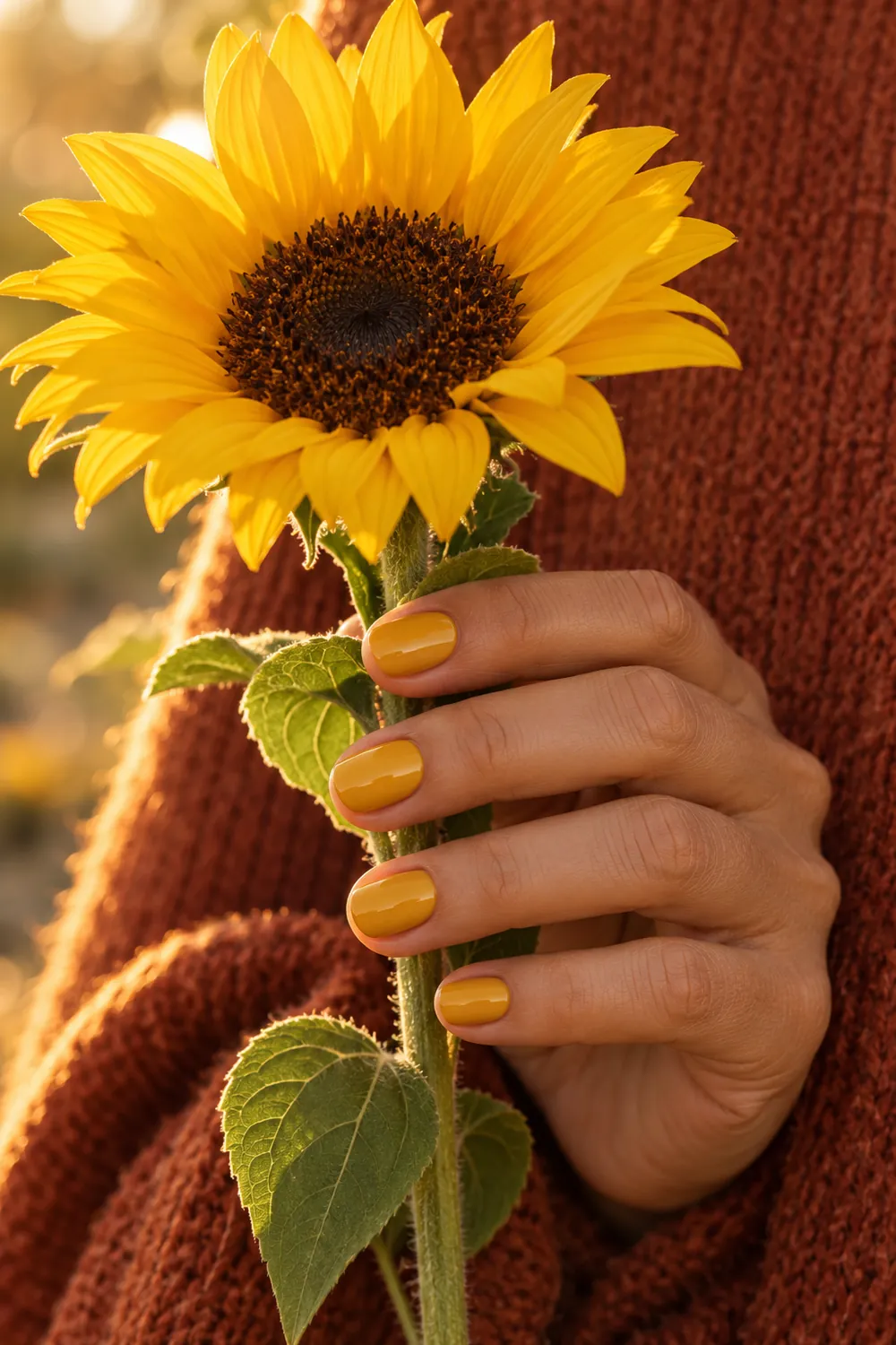 Short round mustard yellow nails holding a sunflower