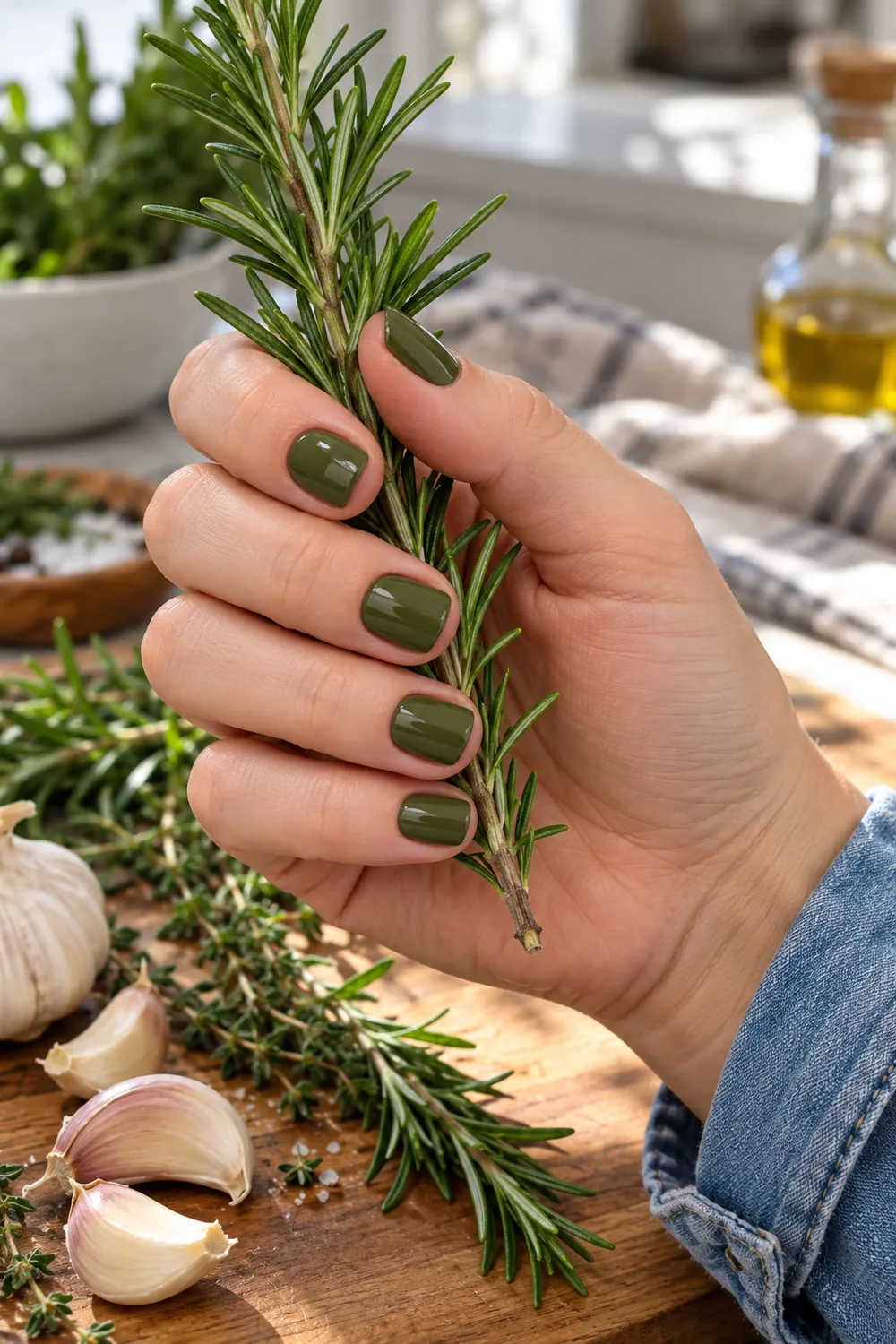 Short square olive green nails holding a sprig of rosemary