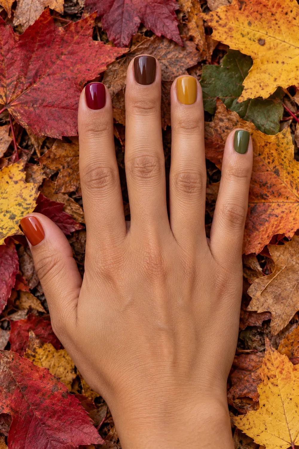 Short nails in five different fall colors: orange, cranberry, mocha, mustard and olive