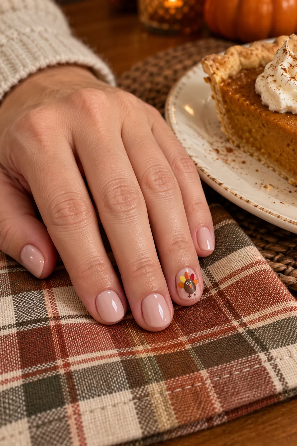 Short nude nails with a tiny hand-painted turkey on the ring finger
