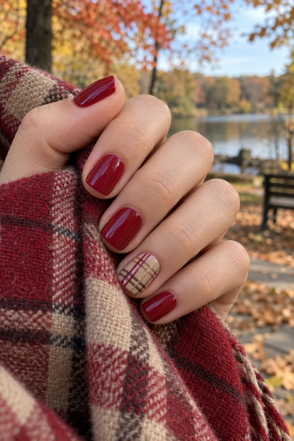 Short square cranberry nails with one plaid accent nail and a plaid scarf