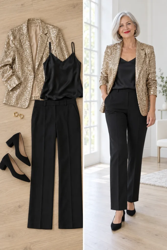 Gold sequin blazer with a black top and trousers, a New Year's Eve outfit for women over 50