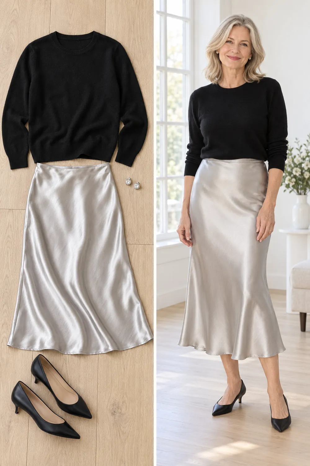 Black cashmere sweater with a silver satin midi skirt, a New Year's Eve outfit for women over 50