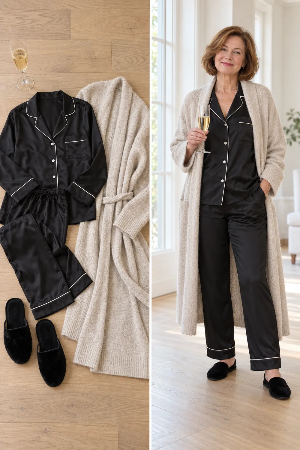 Black satin pajama set with a cashmere robe, a cozy New Year's Eve at home outfit for women over 50