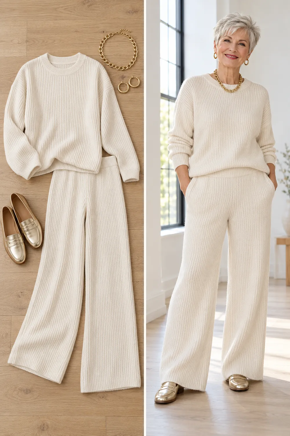 Cream knit set with gold jewelry, a cozy New Year's Eve at home outfit for women over 50