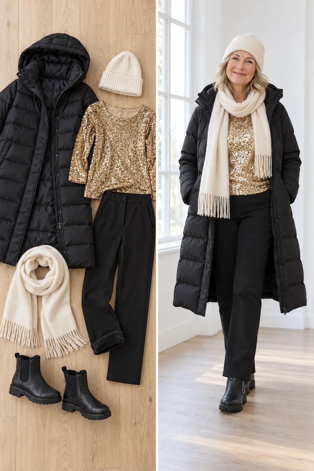 Long black puffer coat over a sequin top and black trousers, an outdoor New Year's Eve outfit for women over 50