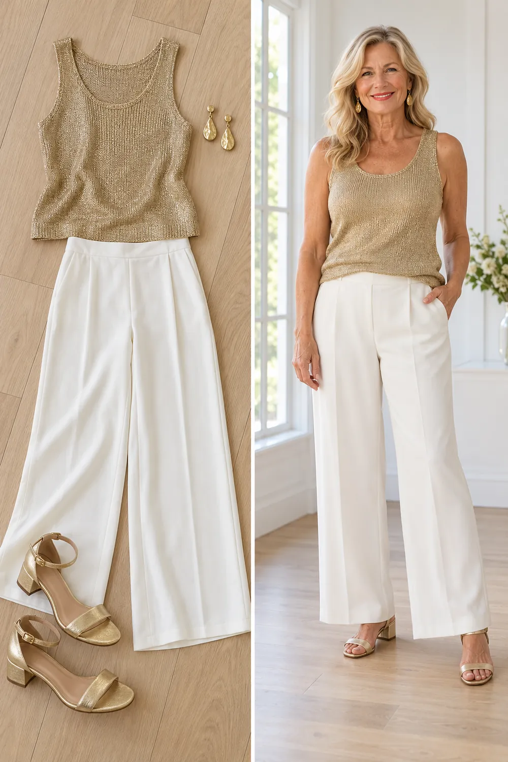 White wide-leg trousers with a gold metallic top and sandals, a warm-weather New Year's Eve outfit for women over 50