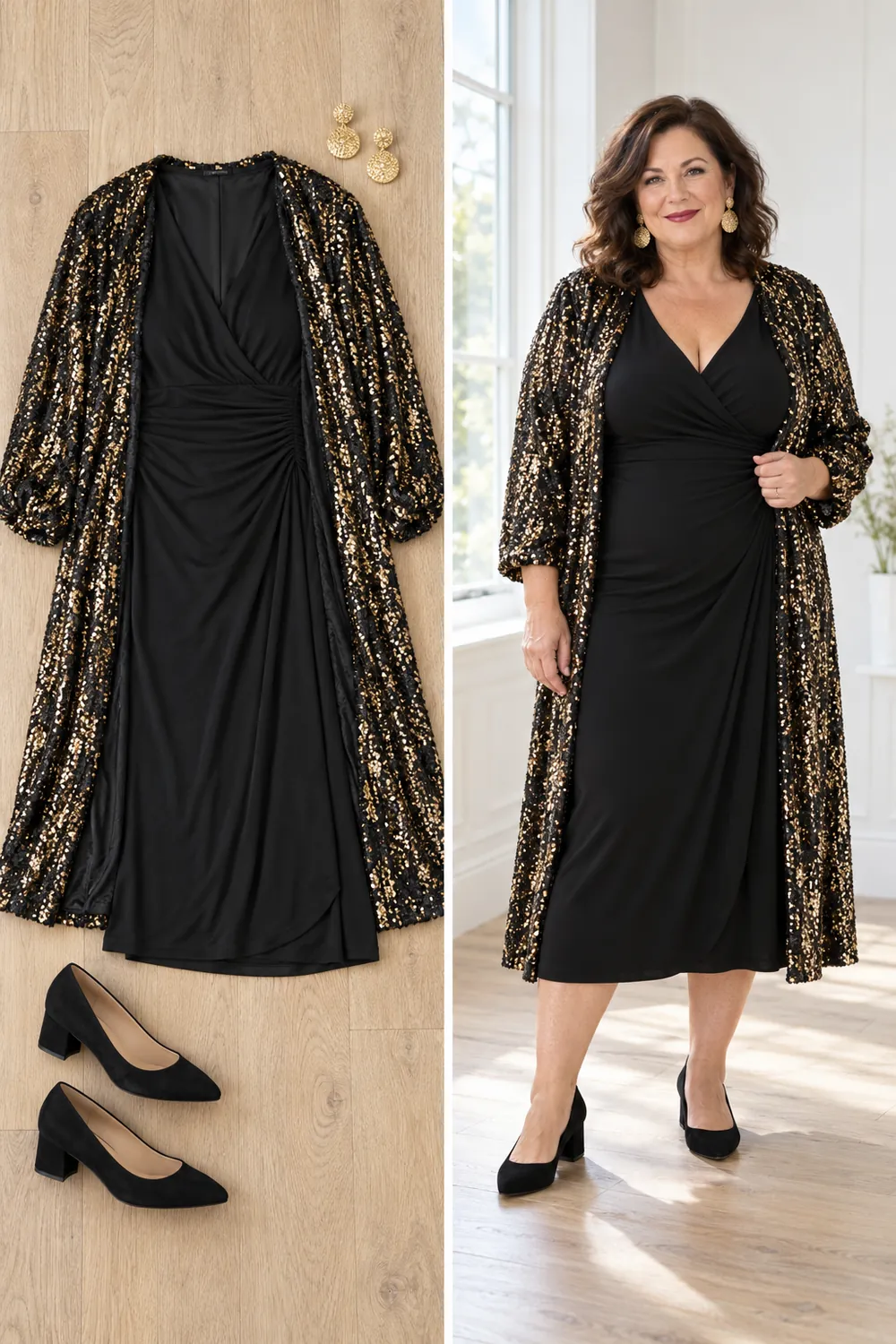 Plus-size woman over 50 in a black jersey dress with a long sequin duster, a New Year's Eve outfit