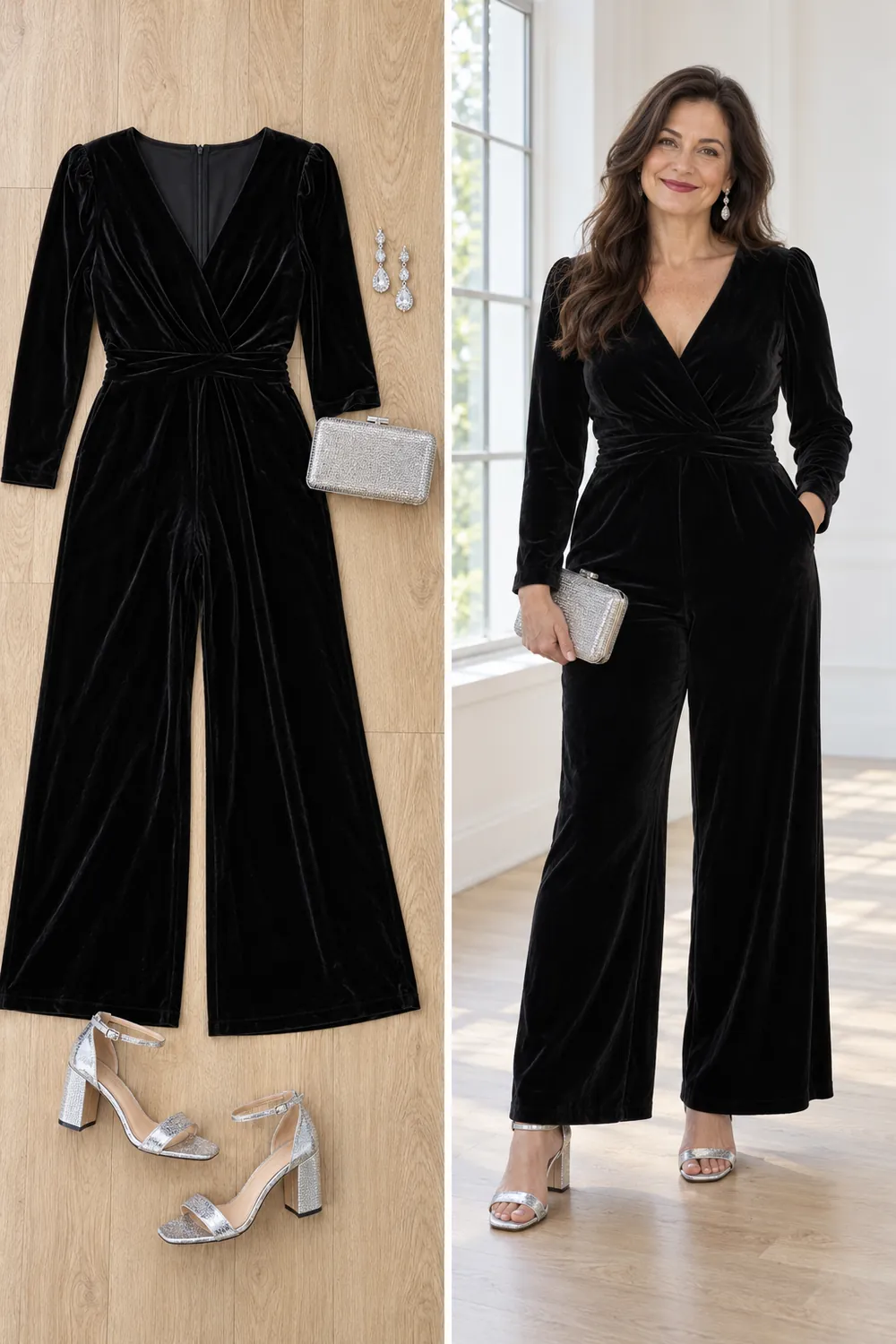 Black velvet wide-leg jumpsuit with crystal earrings, an elegant New Year's Eve outfit for women over 50