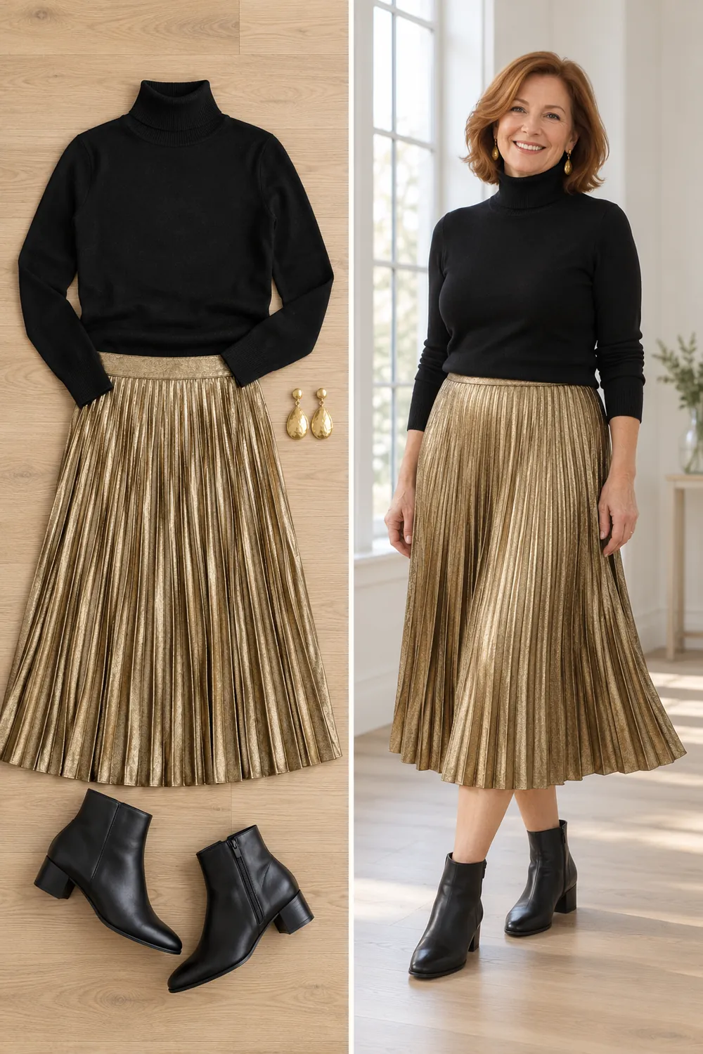 Black turtleneck with a gold metallic pleated midi skirt, a New Year's Eve outfit for women over 50