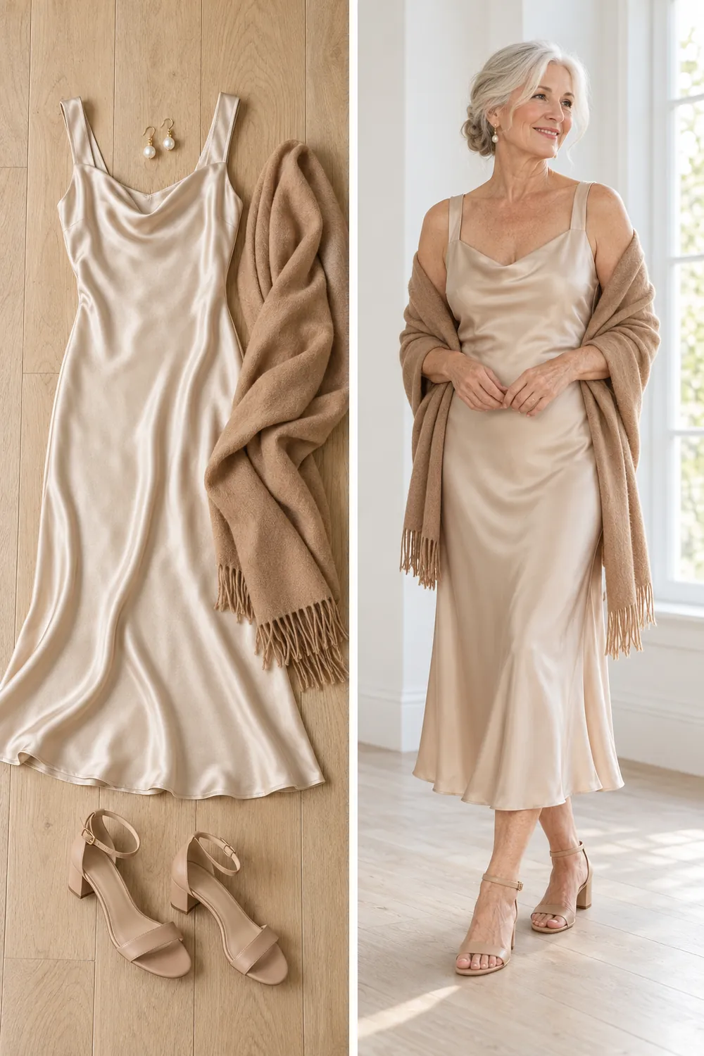 Champagne satin slip dress with a camel cashmere wrap, a New Year's Eve dinner outfit for women over 50