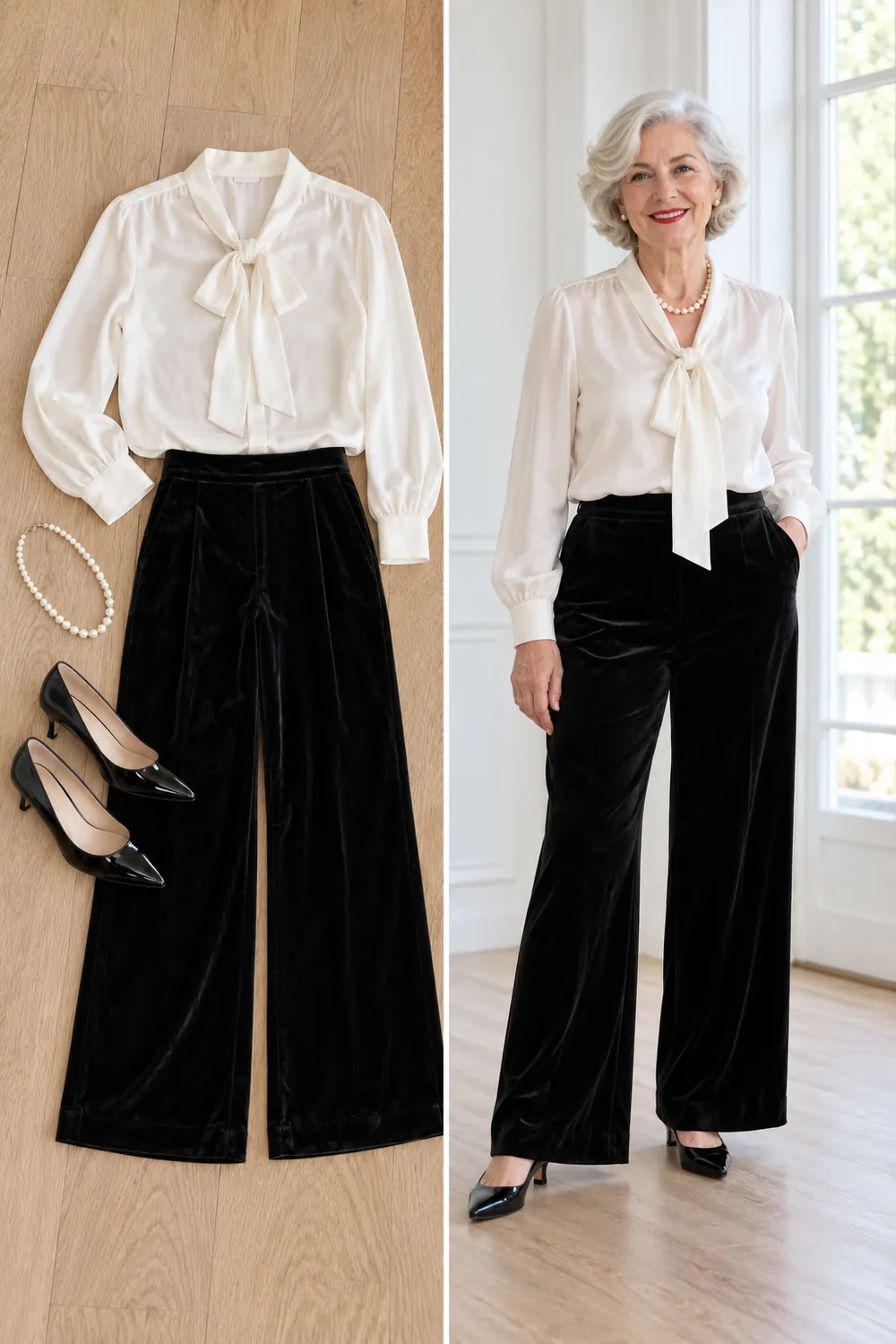 White silk blouse with black velvet trousers and pearls, a New Year's Eve dinner outfit for women over 50