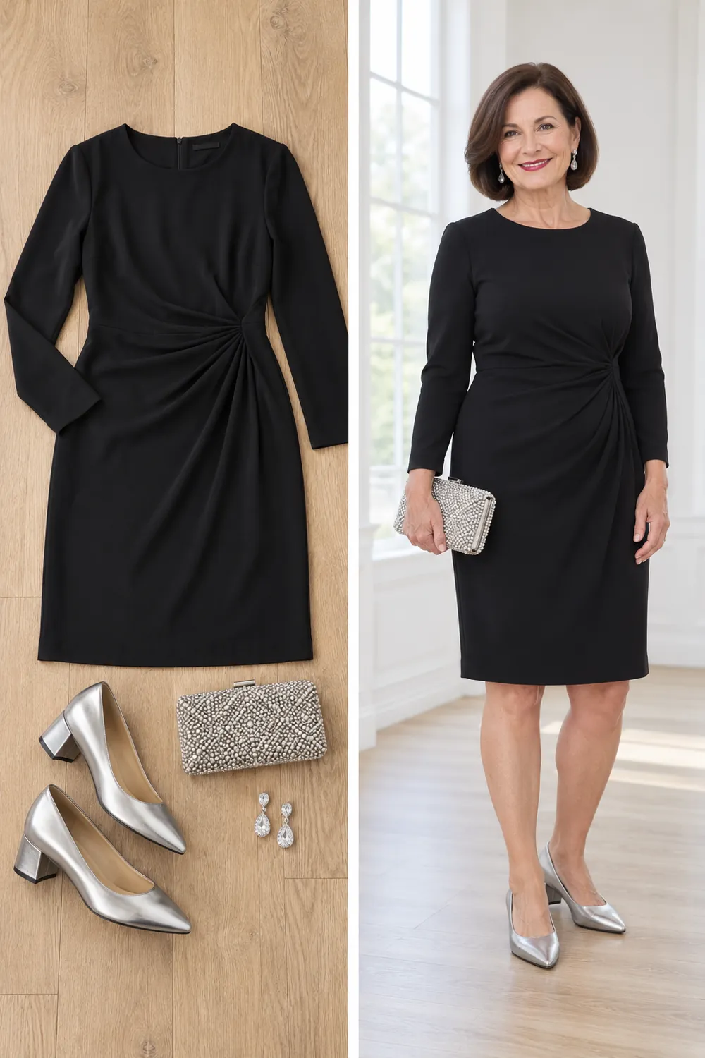 Little black dress with silver heels and a silver clutch, a New Year's Eve outfit for women over 50