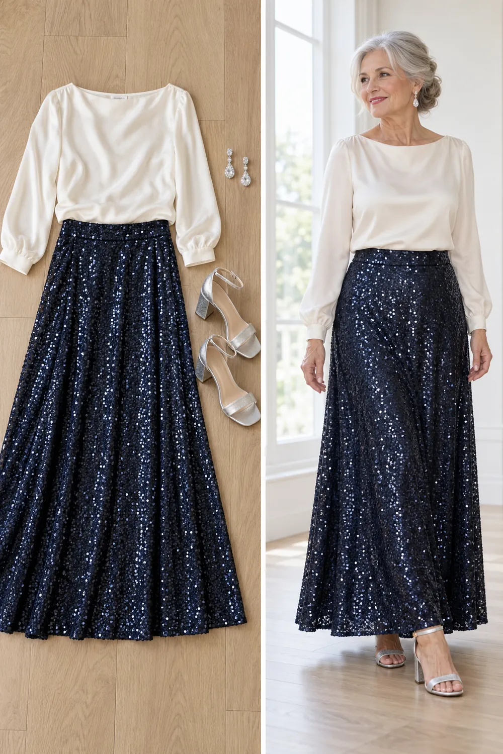 Navy sequin maxi skirt with an ivory silk top, a black tie New Year's Eve outfit for women over 50
