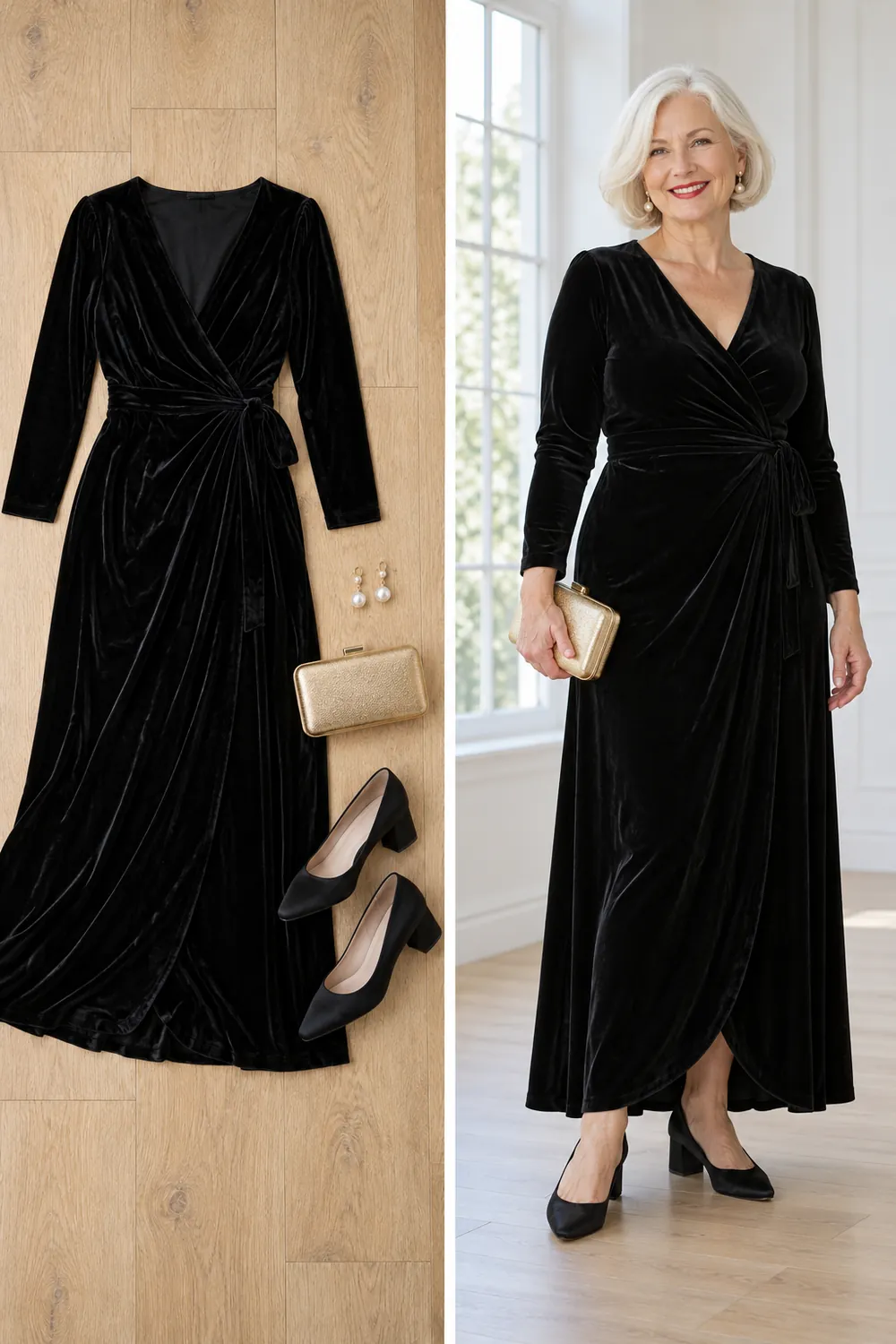 Long black velvet dress with pearl earrings, a formal New Year's Eve outfit for women over 50