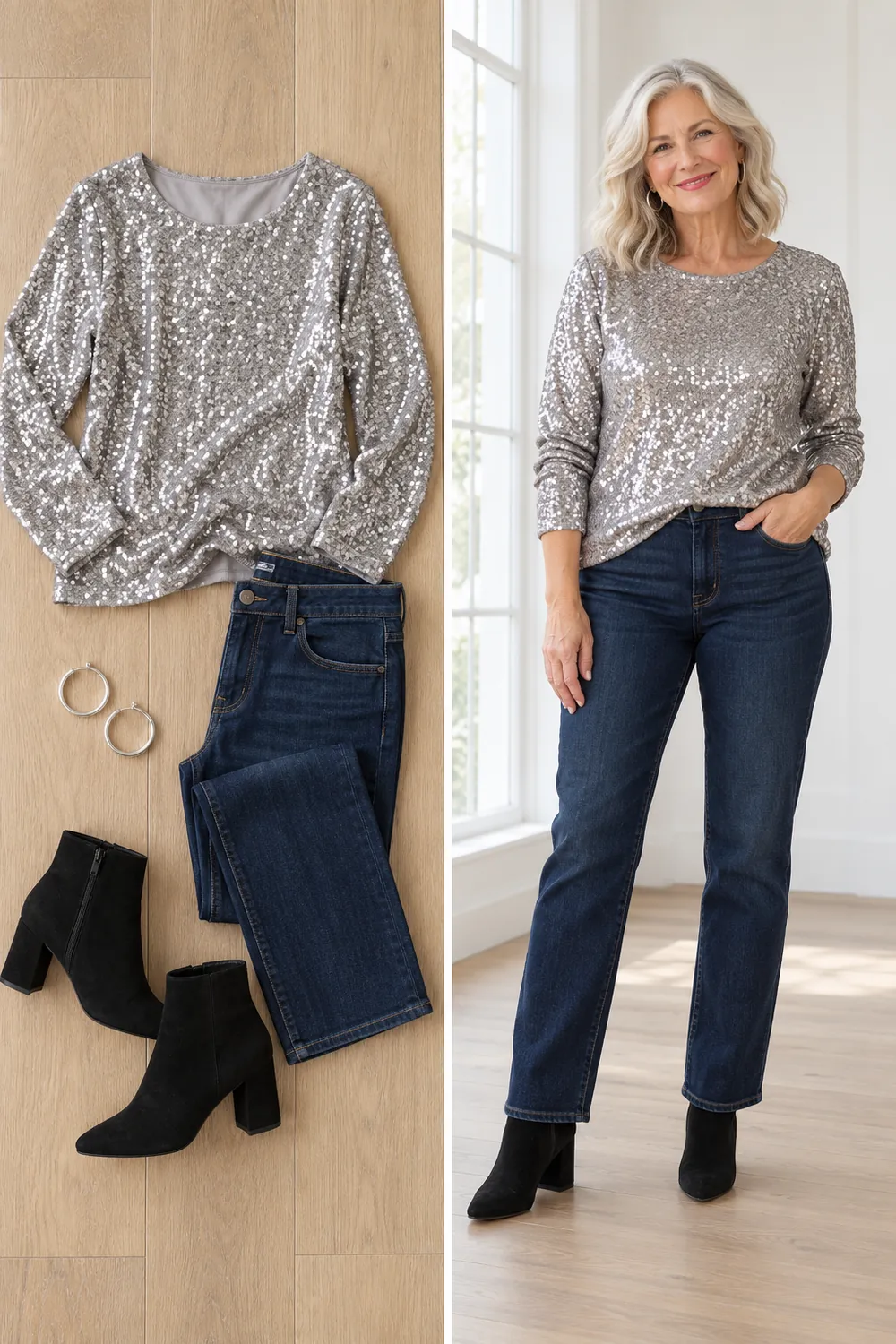 Silver sequin top with dark jeans and ankle boots, a casual New Year's Eve outfit for women over 50