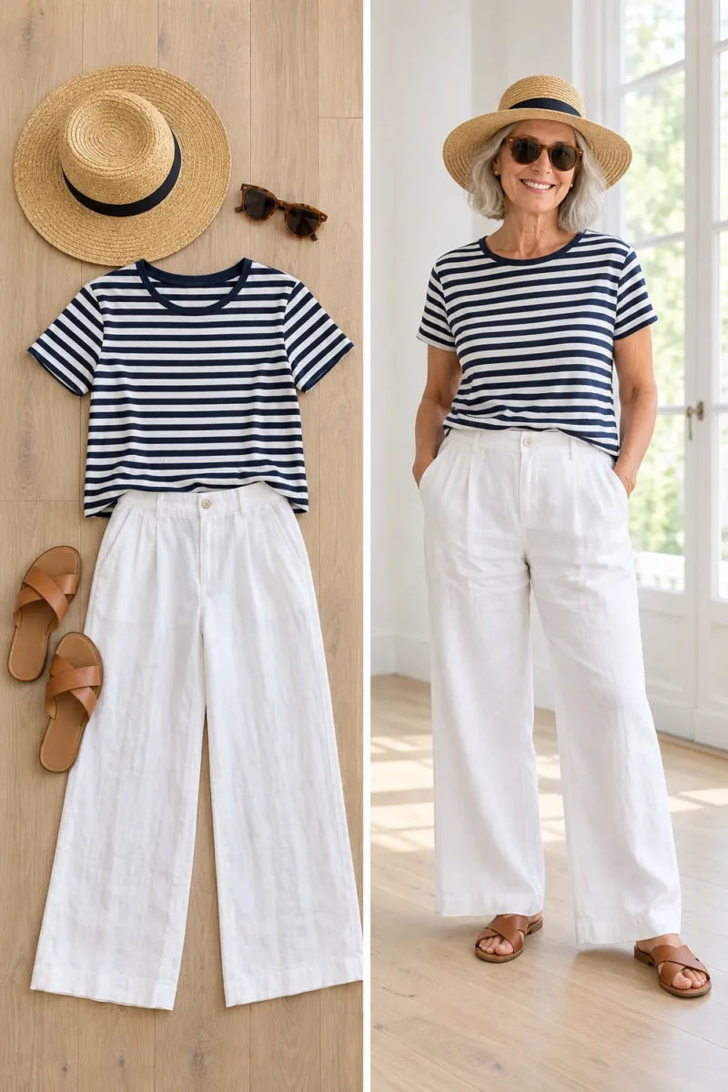 White linen trousers with a navy striped tee and sandals, a snowbird outfit for women over 50