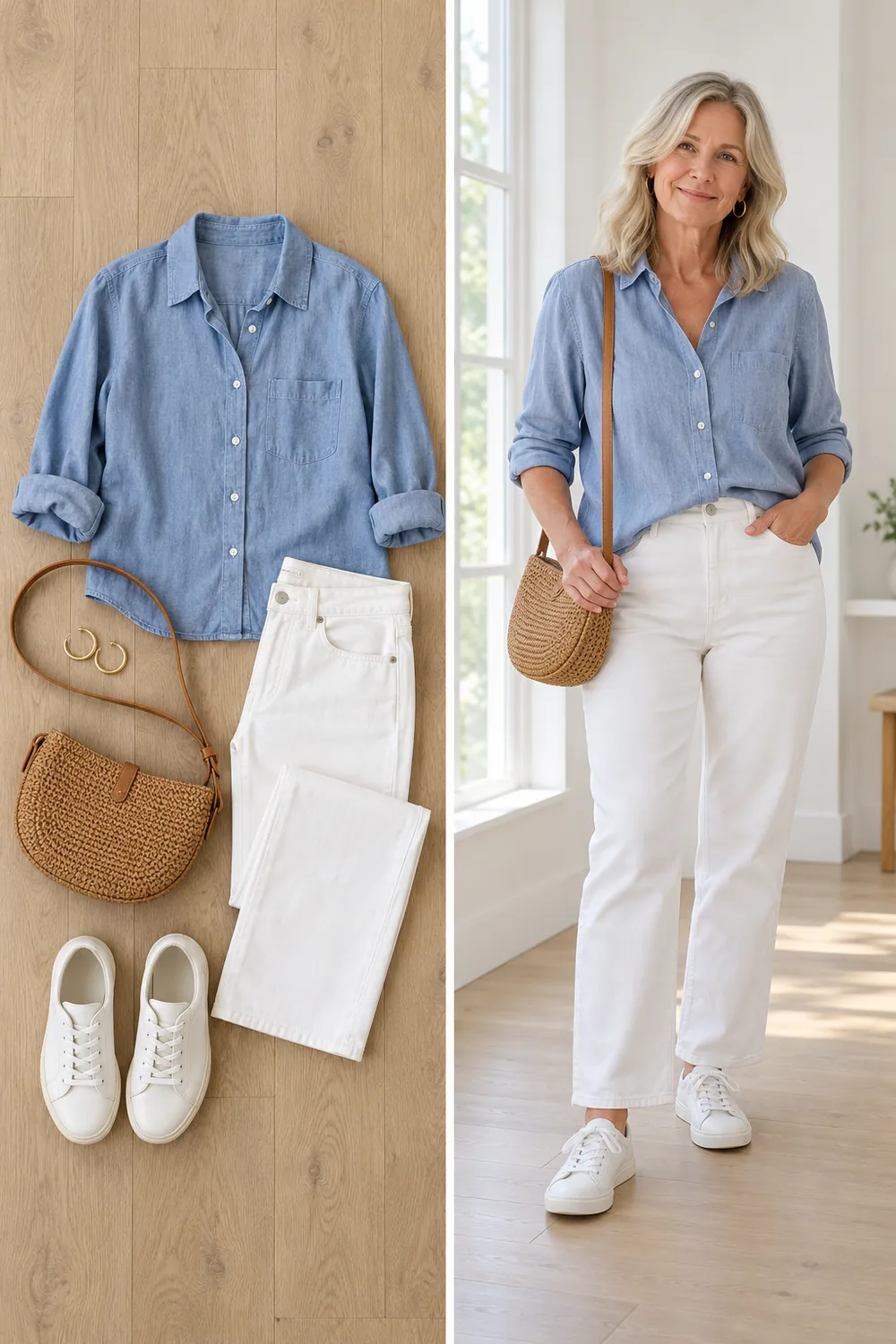 White jeans with a chambray shirt and white sneakers, a casual snowbird outfit for women over 50