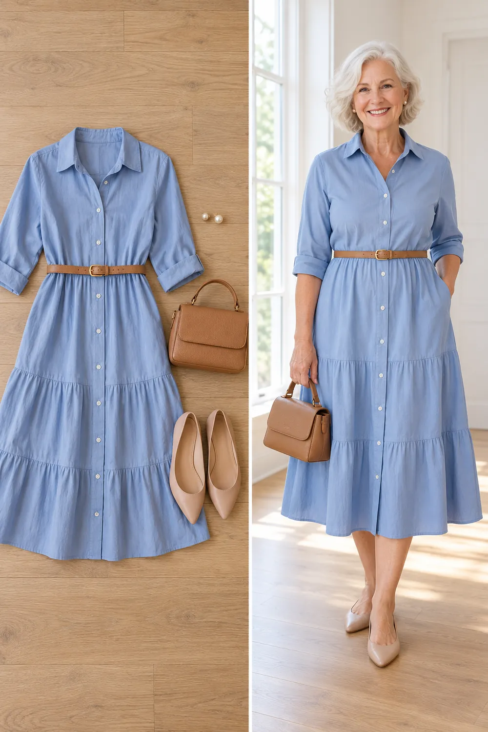 Soft blue shirt dress with a belt and flats, a church snowbird outfit for women over 50