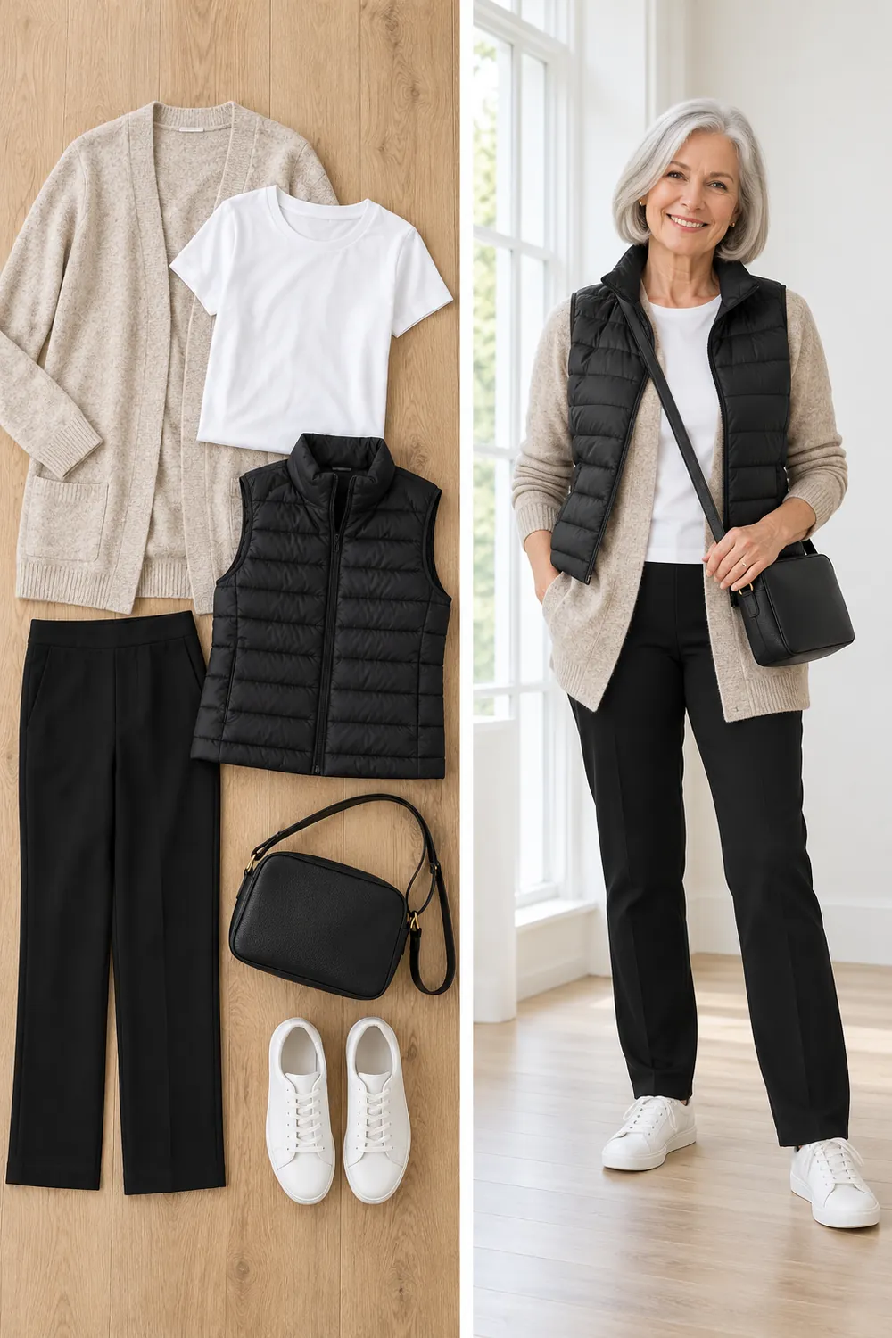 Black ponte pants with a white tee, cardigan and sneakers, a snowbird travel outfit for women over 50