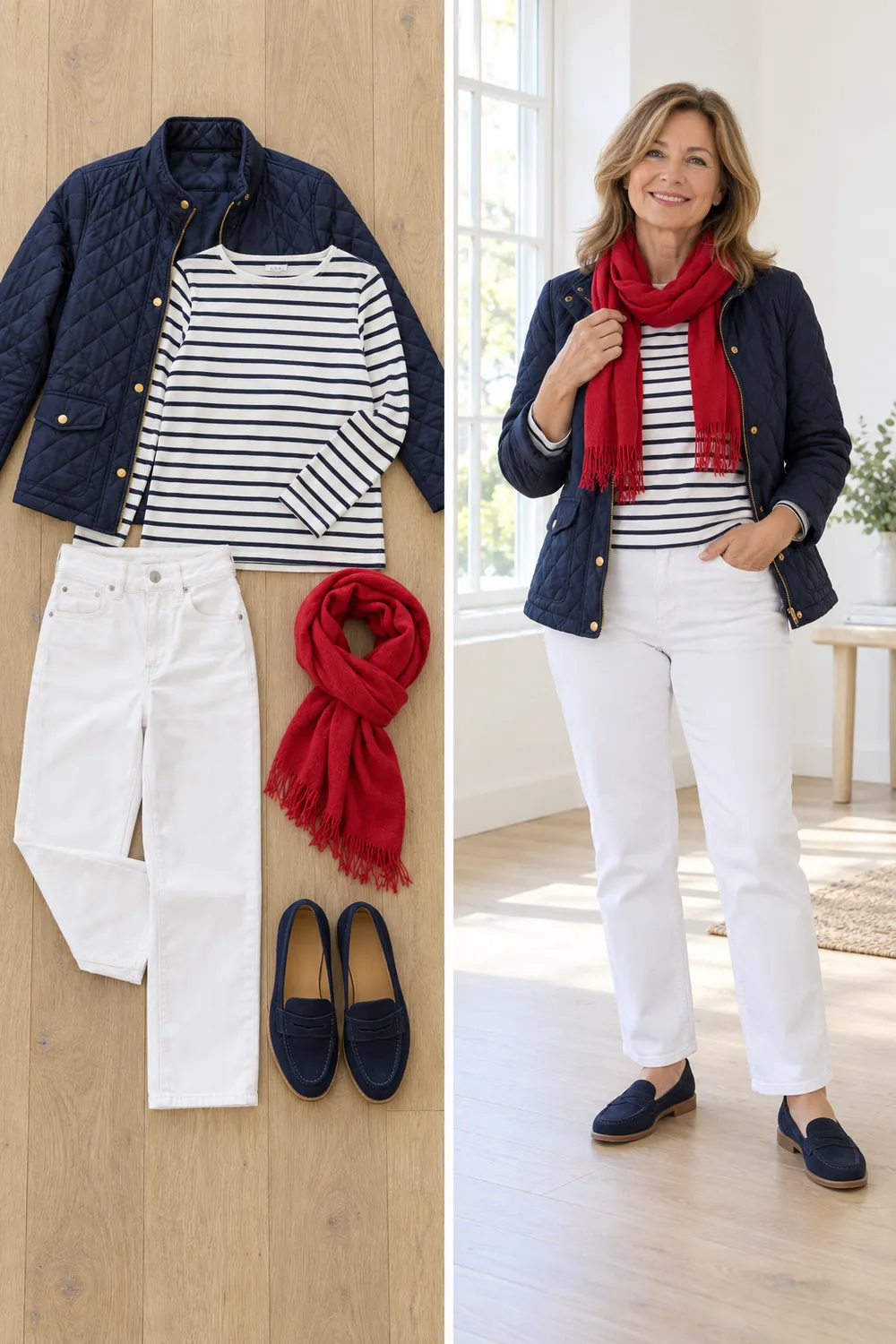 Light quilted jacket over a striped long-sleeve tee and white jeans, a cool-day snowbird outfit for women over 50