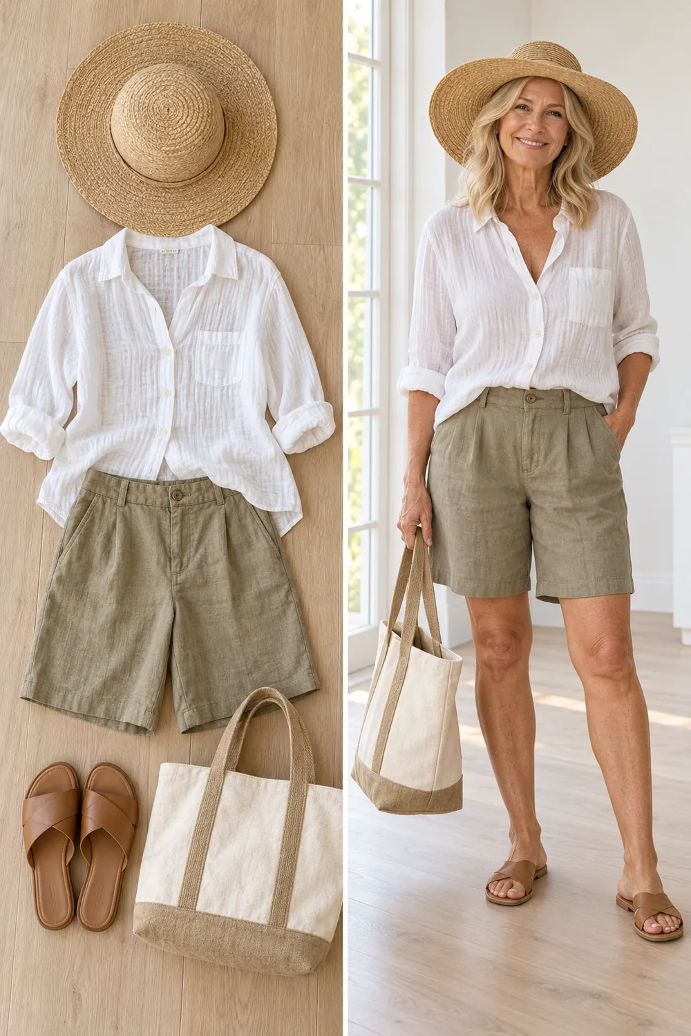 Linen shorts with a gauze shirt and sun hat, a beach walk snowbird outfit for women over 50